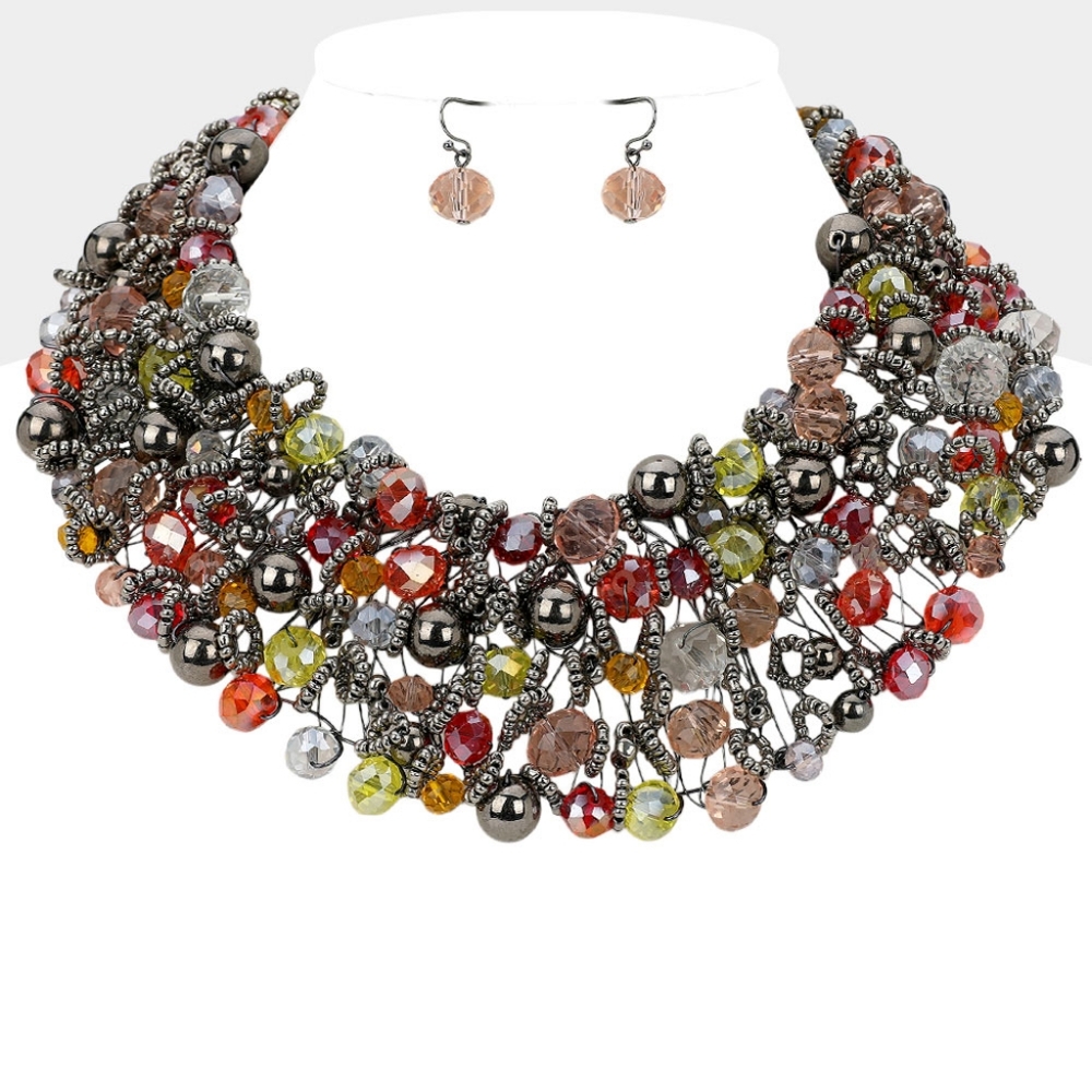 MultiColored Metal Ball Crystal Cluster Beads Necklace Set Wire Chunky Jewelry